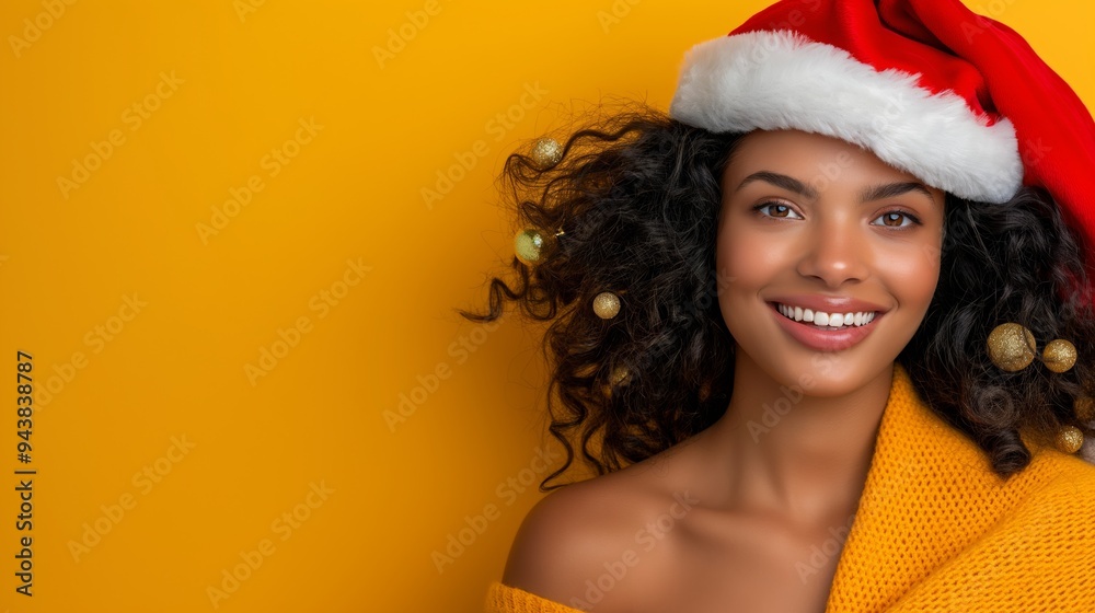 A woman with curly hair is wearing a red Santa hat and smiling. She is standing in front of a yellow background A woman with curly hair is wearing a red Santa hat and smiling. She is standing in front of a yellow background