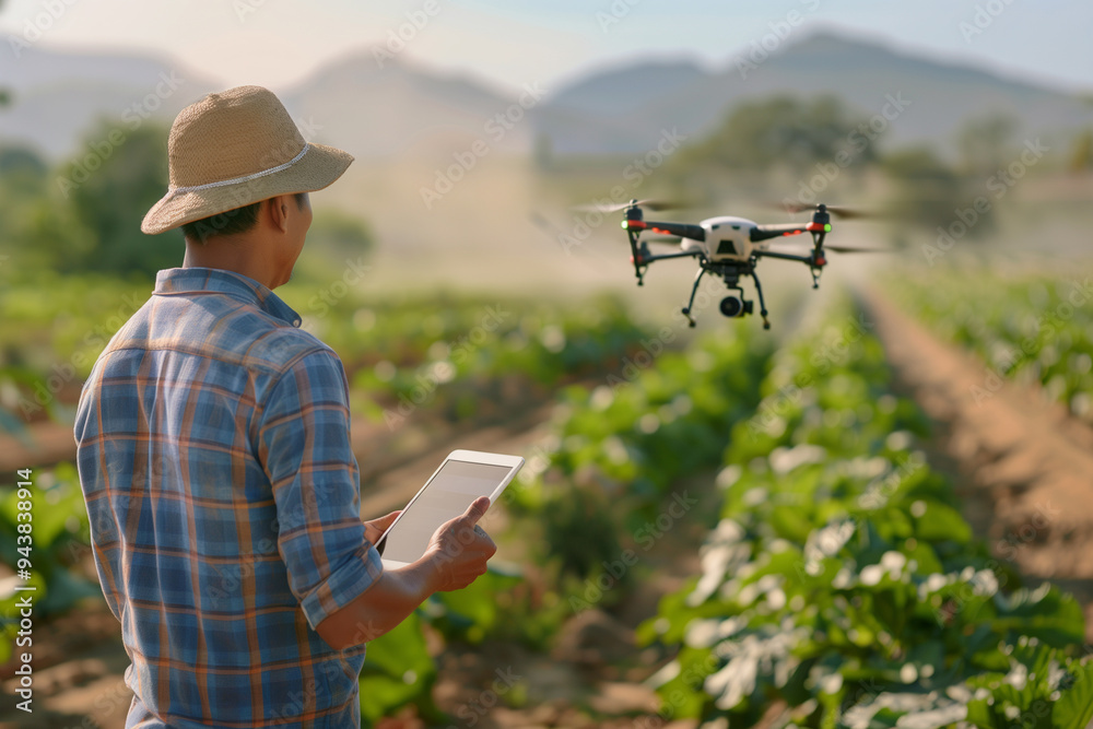 A farmer using drone technology to monitor crop health and irrigation needs.A man is flying a drone in an open field while holding a tablet A farmer using drone technology to monitor crop health and irrigation needs.A man is flying a drone in an open field while holding a tablet