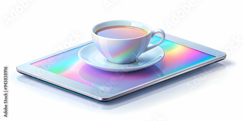 Flat Glossy tablet with a floating holographic teacup and abundant copy space concept as A shiny tablet is centered on a white background with a holographic teacup icon floating gracefully above it. T