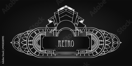 Art Deco vintage silver design element over black. Retro party geometric background set 1920s style. Vector illustration for glamour party, thematic wedding or textile prints.