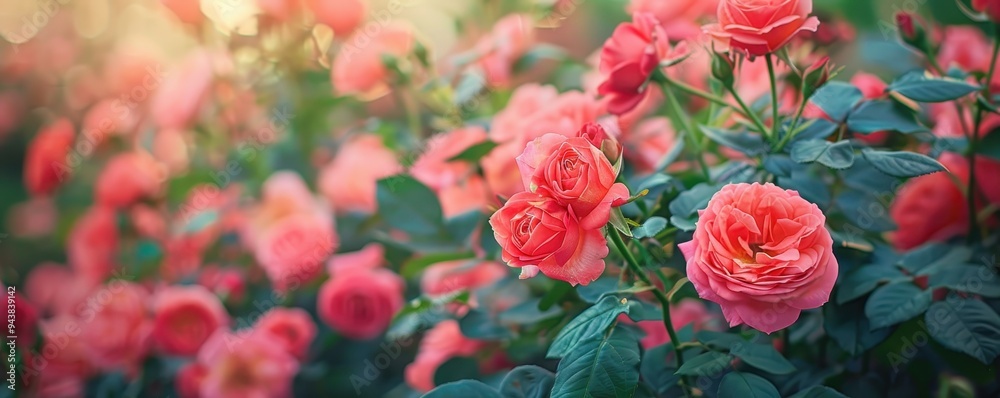 Beautiful garden filled with vibrant pink roses in full bloom under soft sunlight. Perfect for nature and floral themes. Beautiful garden filled with vibrant pink roses in full bloom under soft sunlight. Perfect for nature and floral themes.
