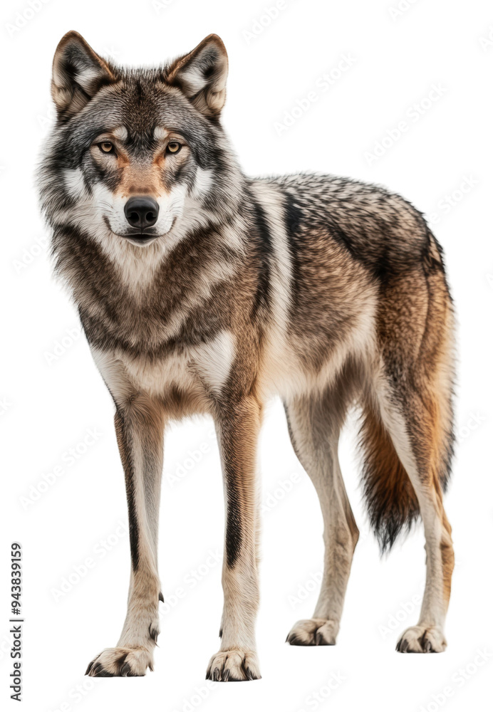 PNG A wolf standing alert in a natural posture PNG A wolf standing alert in a natural posture
