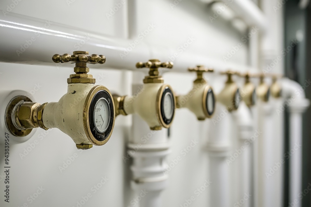 A series of pressure gauges on a pipe. A series of pressure gauges on a pipe.