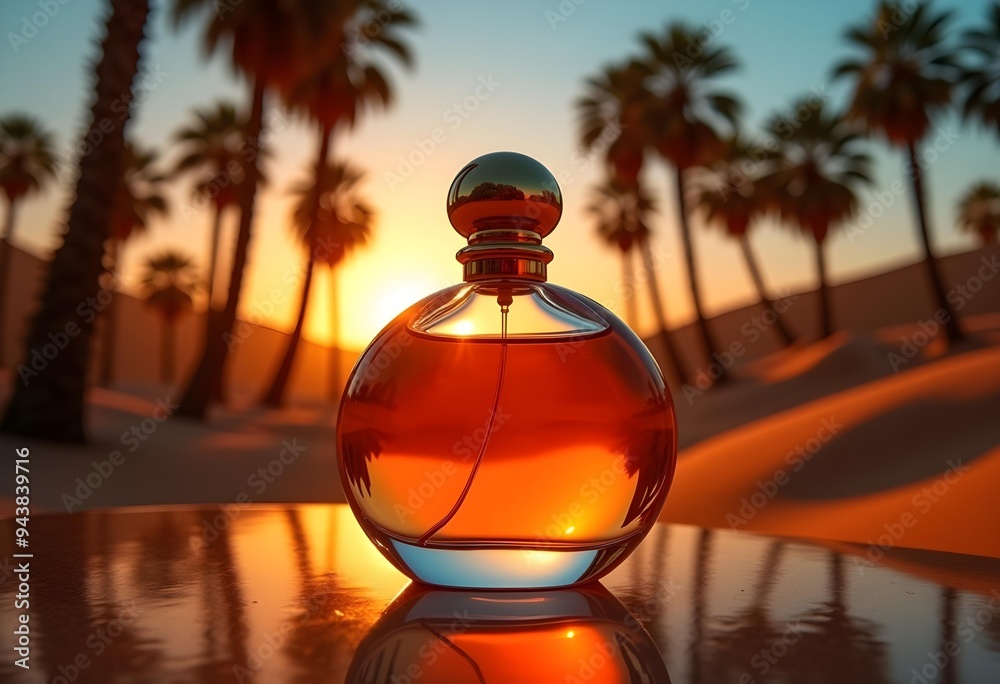 Luxurious Perfume Bottle at Sunset with Palm Tree Reflection Luxurious Perfume Bottle at Sunset with Palm Tree Reflection