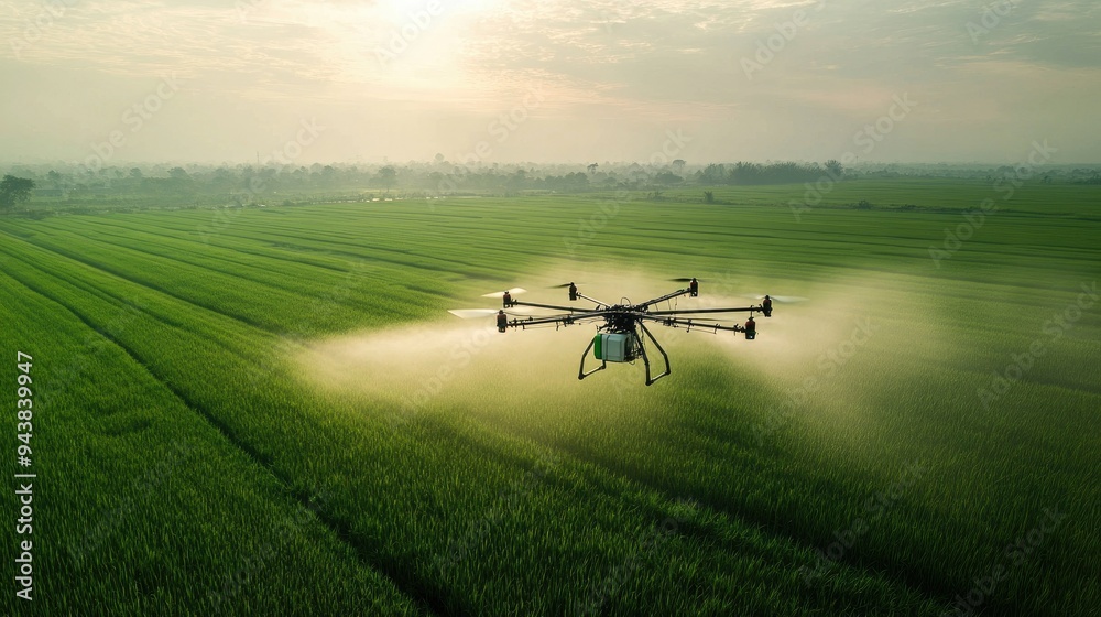 Agricultural drone spraying pesticide over a green rice paddy, with mist trails visible in the sunlight Agricultural drone spraying pesticide over a green rice paddy, with mist trails visible in the sunlight