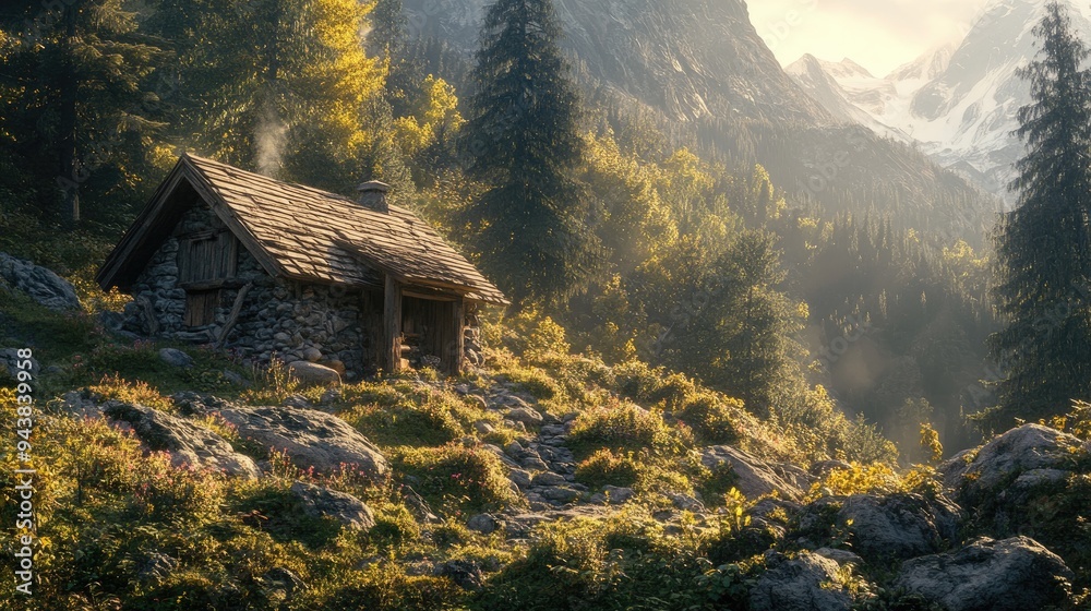 A rustic hut in the heart of the mountains, surrounded by rocky terrain and dense forest. A rustic hut in the heart of the mountains, surrounded by rocky terrain and dense forest.