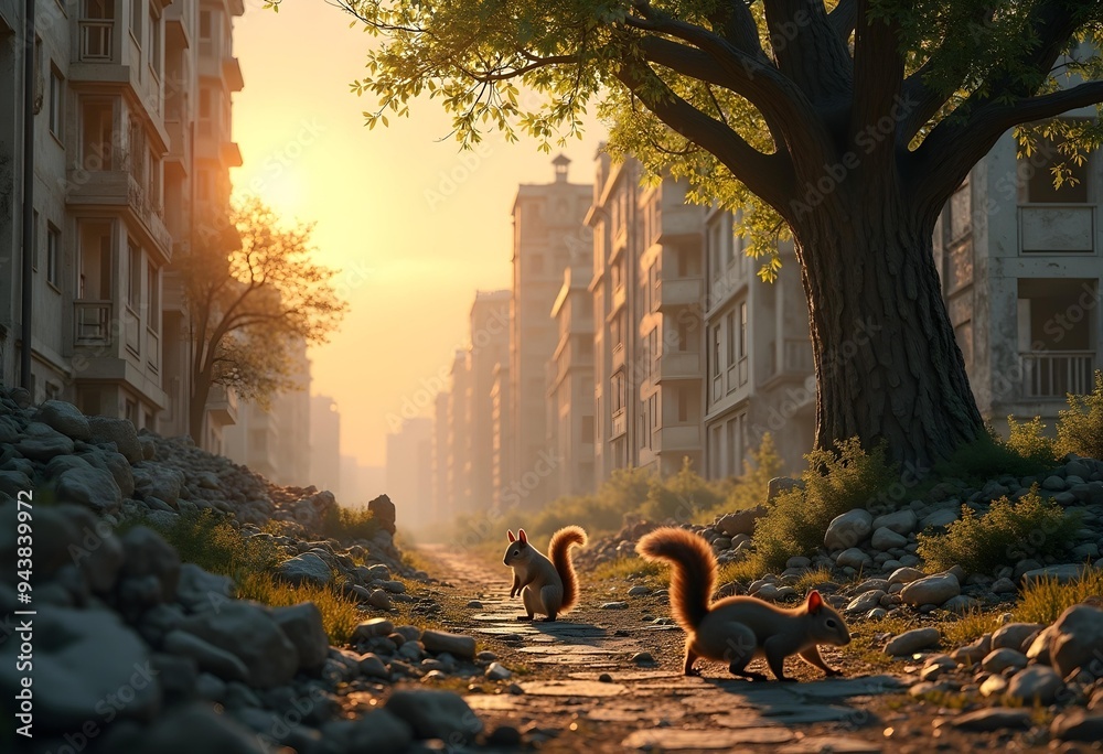 Tranquil Urban Landscape with Squirrels at Sunrise Tranquil Urban Landscape with Squirrels at Sunrise