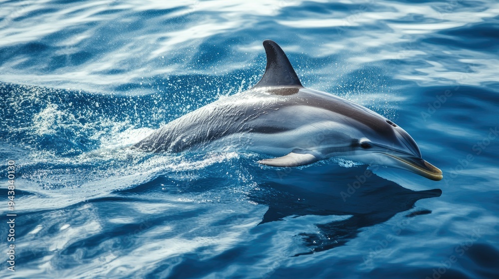 Fototapeta premium A solitary dolphin swimming near the surface, its dorsal fin slicing through the water