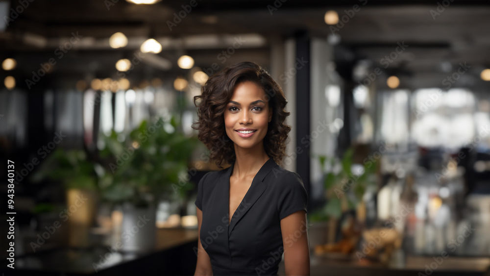 Empowered and poised Black American businesswoman, exuding confidence and natural beauty. Brunette with neat hair and a warm smile, gazing confidently at camera Empowered and poised Black American businesswoman, exuding confidence and natural beauty. Brunette with neat hair and a warm smile, gazing confidently at camera