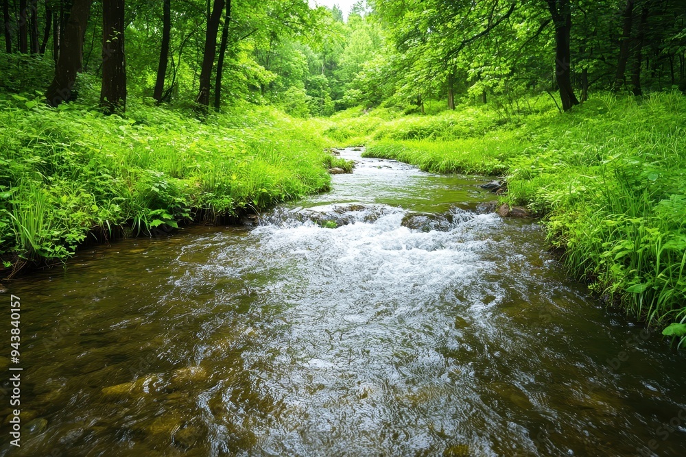 Serene forest stream with clear water flowing over rocks, surrounded by lush greenery, creating a peaceful nature scene. Serene forest stream with clear water flowing over rocks, surrounded by lush greenery, creating a peaceful nature scene.