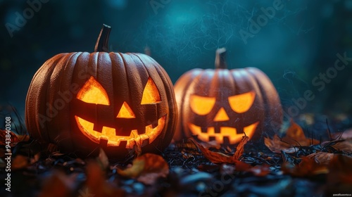 Jack Oâ€™ Lanterns Glowing At Moonlight In The Spooky Night photo