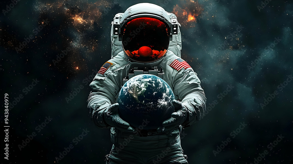 Fototapeta premium Astronaut holding Earth in space with American flag patches on suit.
