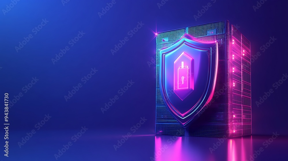 Digital security concept with a futuristic shield icon. Glowing neon colors representing data protection and cybersecurity. Digital security concept with a futuristic shield icon. Glowing neon colors representing data protection and cybersecurity.