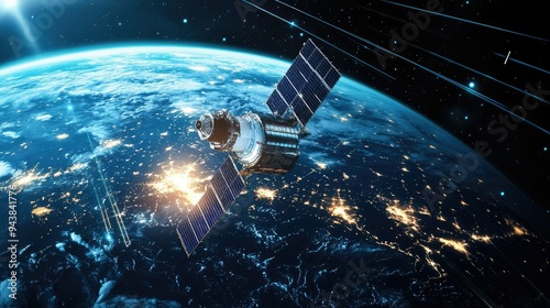 Communication satellite orbiting Earth, with signal waves emanating from it, representing global communication technology photo