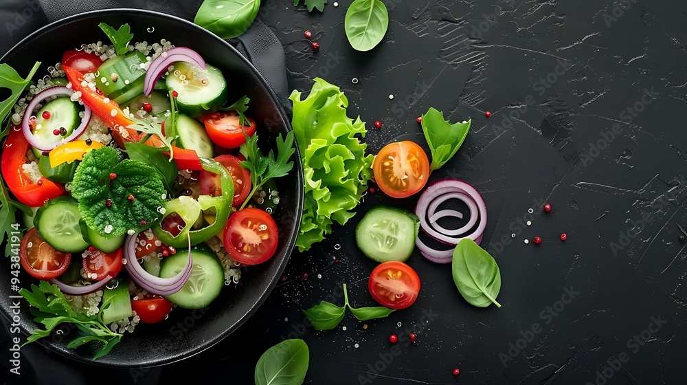 Fresh quinoa salad with colorful vegetables such as bell peppers, cherry tomatoes, cucumbers, and red onions, drizzled with citrus dressing, Fresh quinoa salad with colorful vegetables such as bell peppers, cherry tomatoes, cucumbers, and red onions, drizzled with citrus dressing,