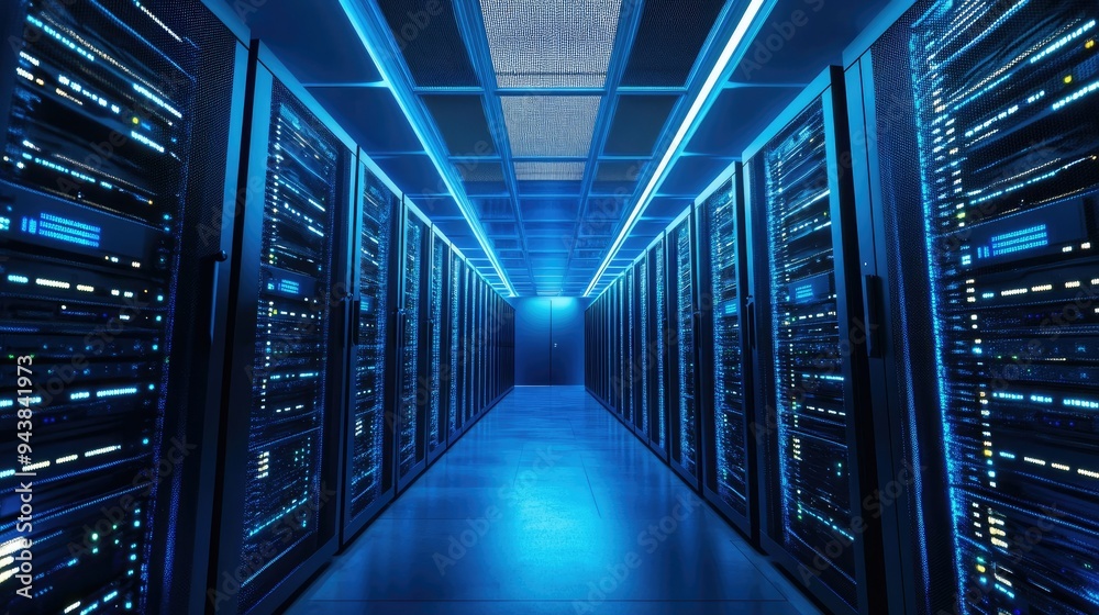 Data center interior with rows of servers and cooling systems, representing the infrastructure of communication networks Data center interior with rows of servers and cooling systems, representing the infrastructure of communication networks