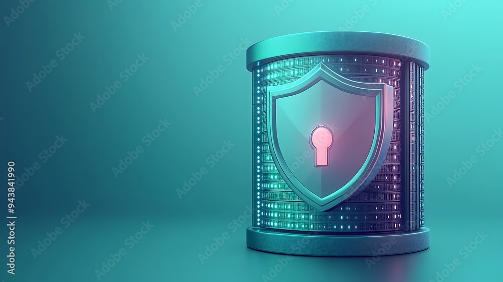 Digital security concept with a glowing secure data storage and shield icon representing data protection and cybersecurity. Digital security concept with a glowing secure data storage and shield icon representing data protection and cybersecurity.