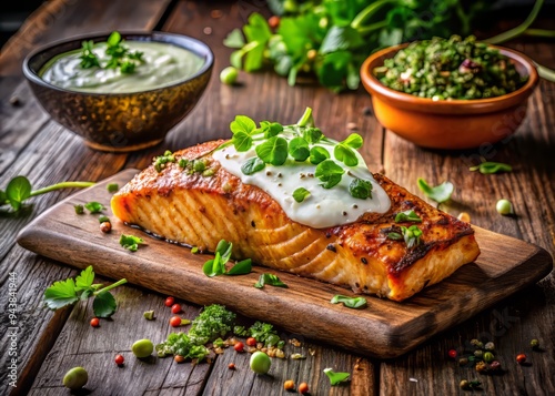 Fototapeta Naklejka Na Ścianę i Meble -  Golden-hued tandoori spiced salmon fillet, served with creamy cilantro-lime raita, garnished with toasted cumin seeds and microgreens, against a rustic wooden backdrop.