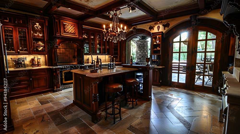A luxurious kitchen featuring wooden cabinetry, a large island, and elegant decor.