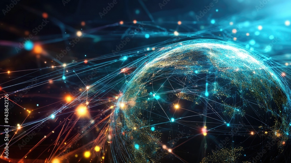 Digital globe surrounded by network connections representing global communication, with vibrant light trails connecting different continents Digital globe surrounded by network connections representing global communication, with vibrant light trails connecting different continents