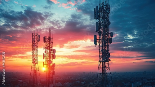 Network towers emitting signal waves, with a sunset sky in the background, representing wireless communication technology photo