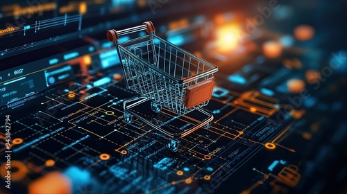 Online shopping cart on a digital screen, filled with various products, symbolizing e-commerce and digital trade