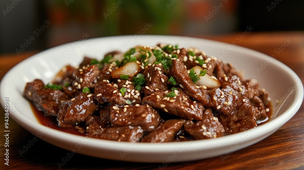 Delicious teriyaki beef topped with sesame seeds and chopped onions, served on a white plate against a dark wooden table, beautifully presented with ample copy space. Delicious teriyaki beef topped with sesame seeds and chopped onions, served on a white plate against a dark wooden table, beautifully presented with ample copy space.