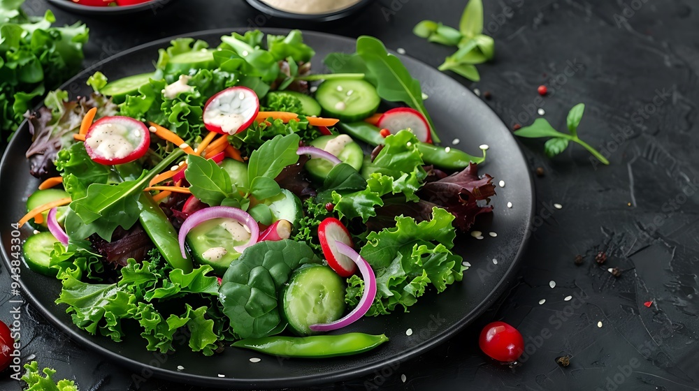Fresh salad with kale, snap peas, and shredded carrots, drizzled with tahini dressing, displayed in a minimalist style on a dark plate with a dark background, Fresh salad with kale, snap peas, and shredded carrots, drizzled with tahini dressing, displayed in a minimalist style on a dark plate with a dark background,