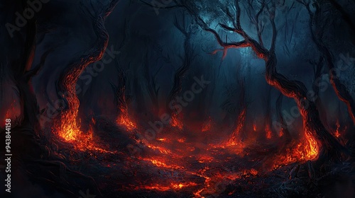 A dark, twisted forest with fiery ground and glowing red eyes peering from the shadows, representing the cursed realm of hell photo