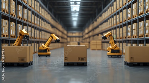 Automated warehouse, robotic arms sorting products, 3D illustration