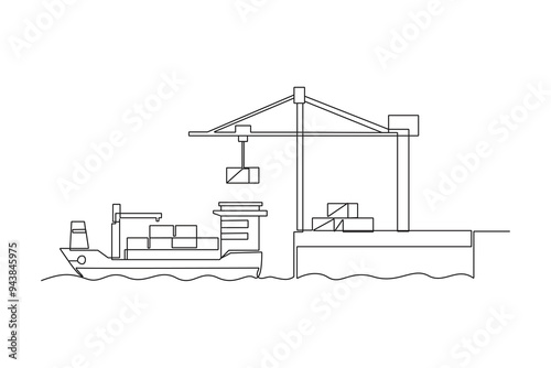Single continuous line drawing of Warehouse, shipping, port, cargo activity and all about port activity. port and cargo minimalist concept. Simple line.
