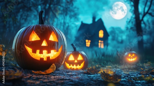 Jack Oâ€™ Lanterns Glowing At Moonlight In The Spooky Night photo