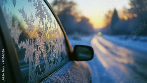 Frost patterns on a car window, reflecting the soft hues of sunrise photo