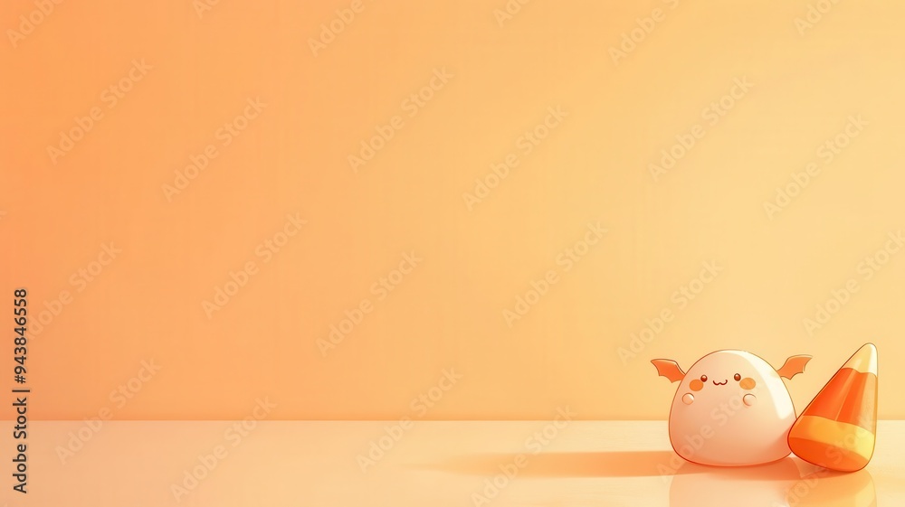 Light peach background with a tiny kawaii candy corn with wings in the bottom right, cute and minimalist Halloween vibe