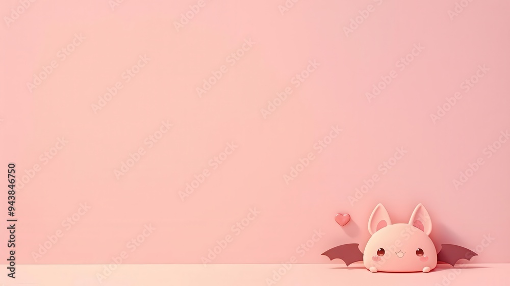 Light pink background with a tiny kawaii bat with heart-shaped wings in the bottom right, cute and minimalist Halloween vibe Light pink background with a tiny kawaii bat with heart-shaped wings in the bottom right, cute and minimalist Halloween vibe
