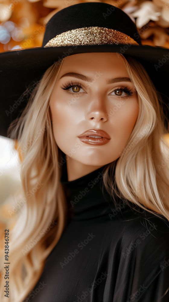 The woman exudes confidence in her stylish black attire and wide-brimmed hat, capturing a serene moment amidst vibrant autumn leaves, showcasing her natural beauty The woman exudes confidence in her stylish black attire and wide-brimmed hat, capturing a serene moment amidst vibrant autumn leaves, showcasing her natural beauty
