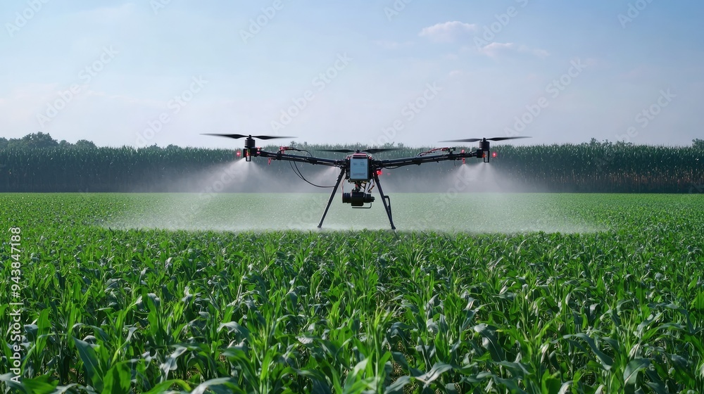 A drone spraying fertilizer over a large cornfield, with precision and efficiency under a clear blue sky. A drone spraying fertilizer over a large cornfield, with precision and efficiency under a clear blue sky.