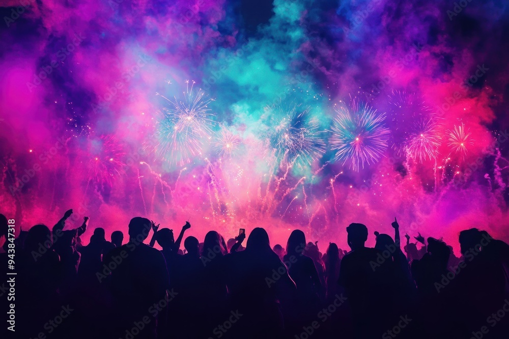 Silhouettes of People Watching Fireworks Show in Pink and Blue Night Sky Silhouettes of People Watching Fireworks Show in Pink and Blue Night Sky