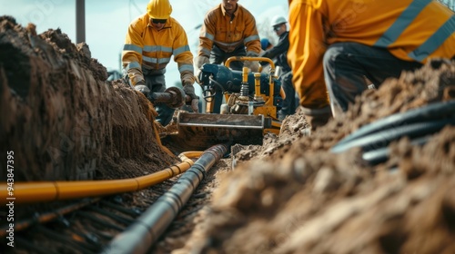 An operator using a trencher machine to lay utility lines, with a team of workers monitoring progress