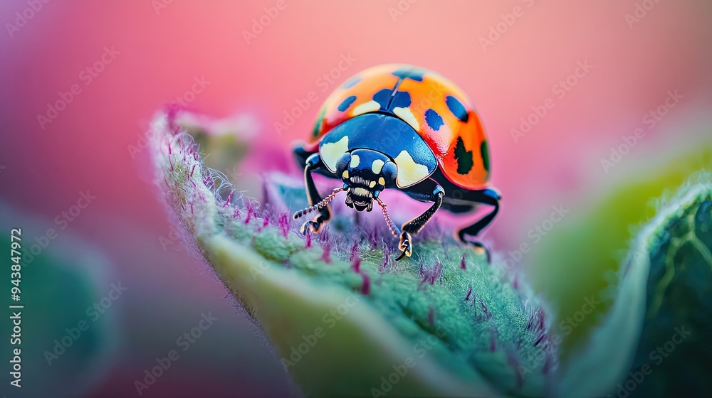 Close-up of a ladybug on a leaf, the insect vibrant colors in sharp focus against a softly blurred backdrop. Close-up of a ladybug on a leaf, the insect vibrant colors in sharp focus against a softly blurred backdrop.