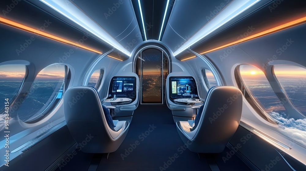 A futuristic passenger cabin with smart seats, virtual windows, and personalized in-flight entertainment systems. A futuristic passenger cabin with smart seats, virtual windows, and personalized in-flight entertainment systems.