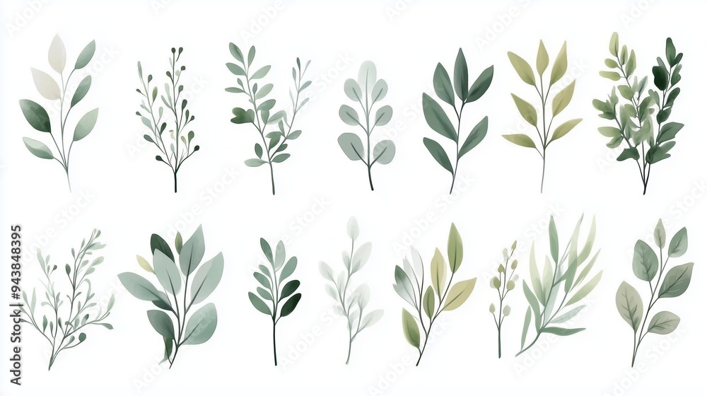 Watercolor hand-drawn illustration of various greenery elements set against a white background. The artwork features a neutral soft color palette with minimalistic design elements, including simple sh Watercolor hand-drawn illustration of various greenery elements set against a white background. The artwork features a neutral soft color palette with minimalistic design elements, including simple sh