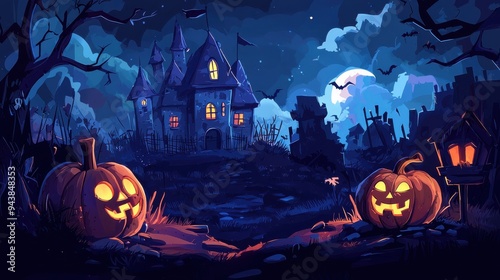 Jack Oâ€™ Lanterns Glowing At Moonlight In The Spooky Night photo