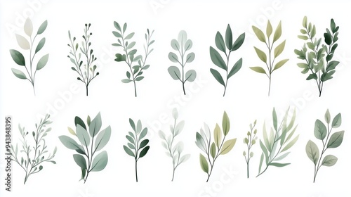 Watercolor hand-drawn illustration of various greenery elements set against a white background. The artwork features a neutral soft color palette with minimalistic design elements, including simple sh