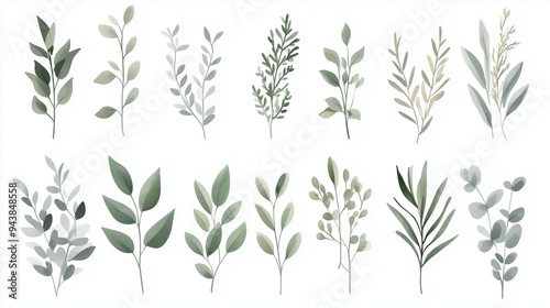 Watercolor hand-drawn illustration of various greenery elements set against a white background. The artwork features a neutral soft color palette with minimalistic design elements, including simple sh