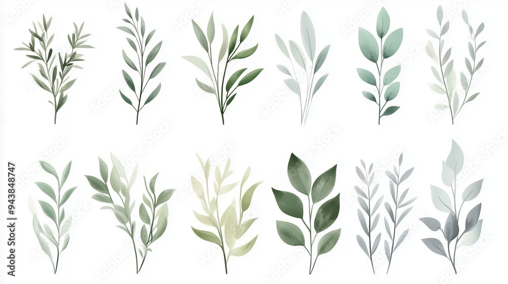 Watercolor hand-drawn illustration of various greenery elements set against a white background. The artwork features a neutral soft color palette with minimalistic design elements, including simple sh Watercolor hand-drawn illustration of various greenery elements set against a white background. The artwork features a neutral soft color palette with minimalistic design elements, including simple sh
