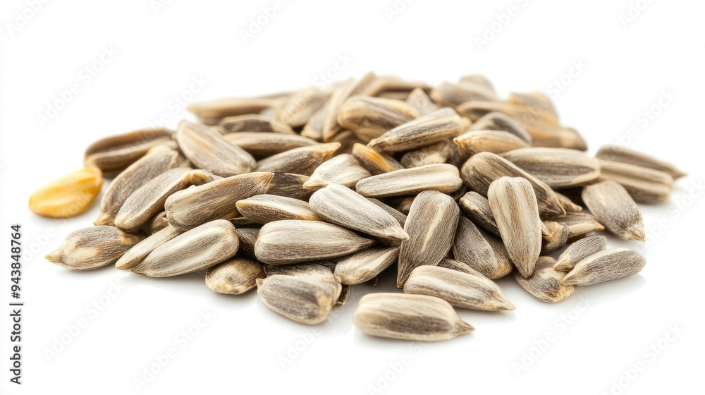 Close-up of sunflower seeds with hulls removed, scattered against a white background, perfect for healthy eating concepts. Close-up of sunflower seeds with hulls removed, scattered against a white background, perfect for healthy eating concepts.