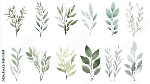 Wallpaper Mural Watercolor hand-drawn illustration of various greenery elements set against a white background. The artwork features a neutral soft color palette with minimalistic design elements, including simple sh Torontodigital.ca