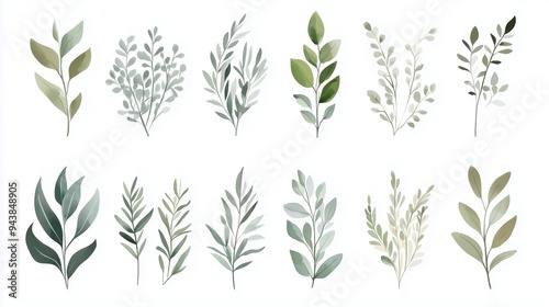 Watercolor hand-drawn illustration of various greenery elements set against a white background. The artwork features a neutral soft color palette with minimalistic design elements, including simple sh