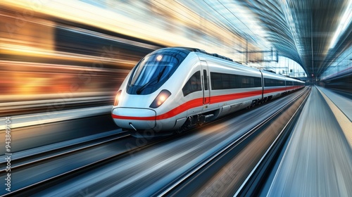 A high-speed train racing along modern tracks, with the landscape blurred by its speed, showcasing the cutting-edge technology of railway systems.